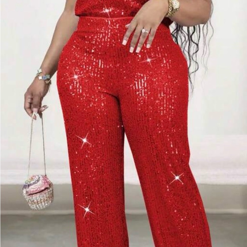 Elegant Red Sequin Women's 2 Piece Set